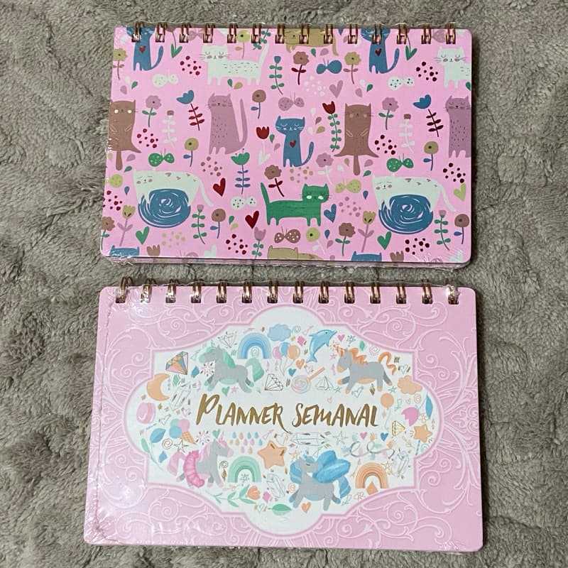 Planner Semanal Agenda Rosa Capa Dura Horizontal Gato Unicórnio Gatinhos Papelaria Fofa