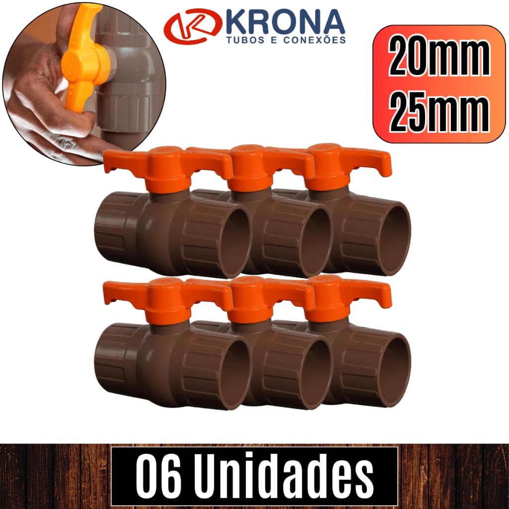PCT 06 Unds Registro esfera 20mm 1/2" e 25mm 3/4" p/ tubos e cano de cola soldável PVC - Krona