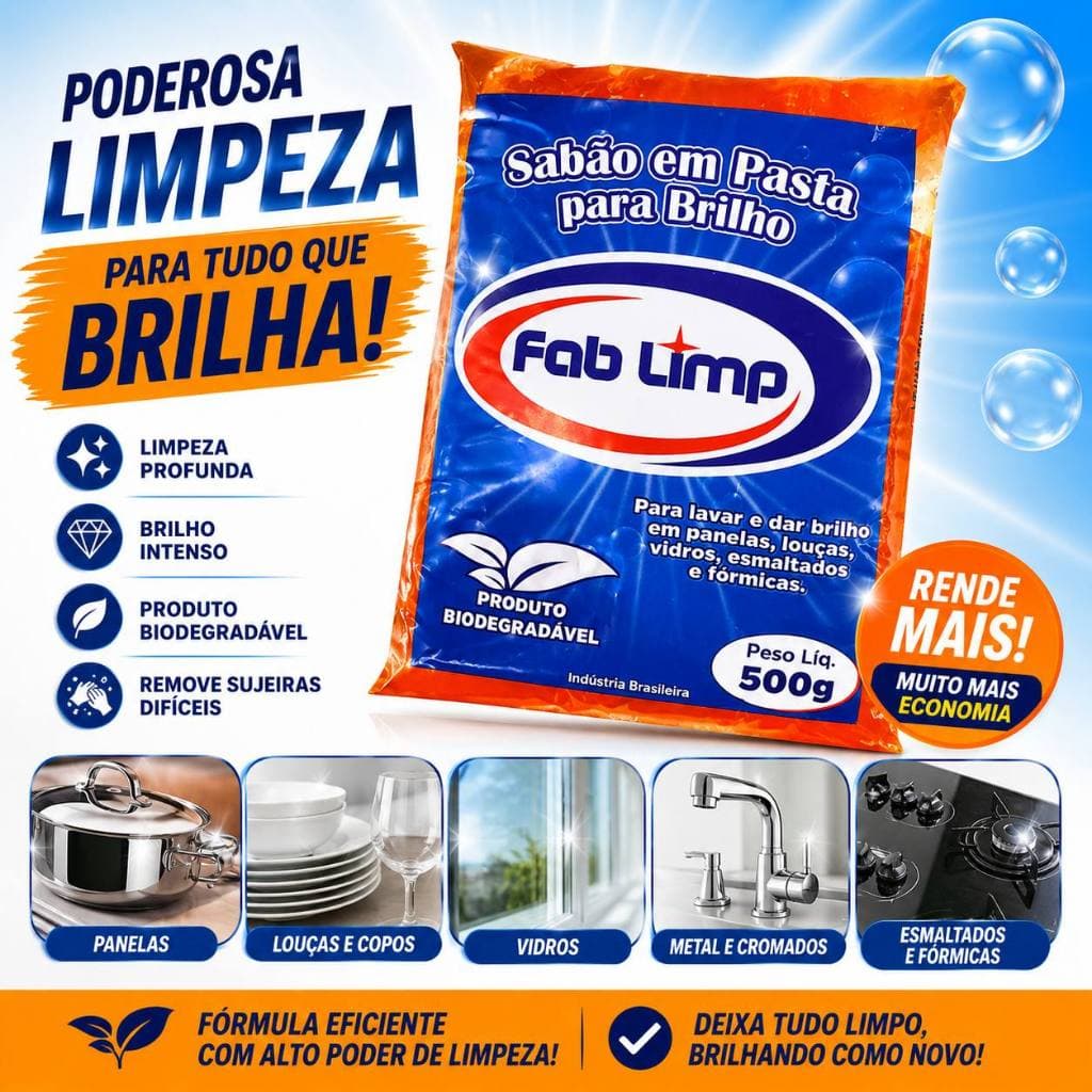 5 Sabão Em Pasta alto Brilho Lava Louças Talheres Pratico e Barato! 500g