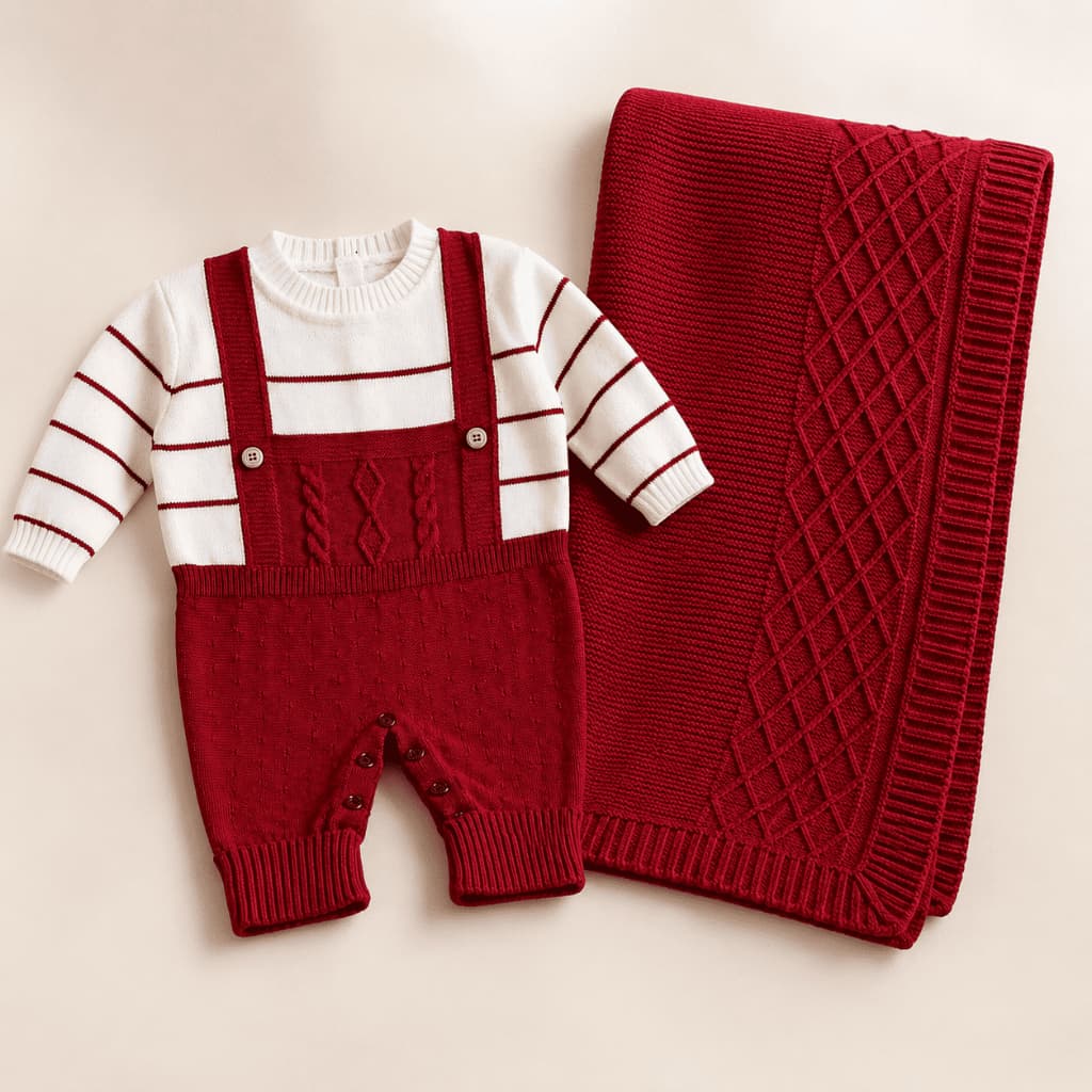 Saida Maternidade Macacão Listrado e Manta Exoval Bebe Tricot Toque Macio