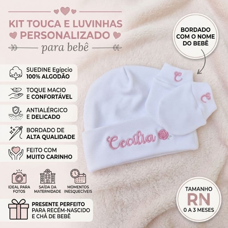 kit touca bebê maternidade com luvinha bordada, personalizada, recém nascido, RN
