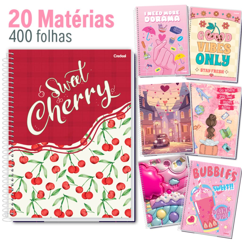 CADERNO 20 MATERIAS FEMININO 400 FOLHAS MATERIAL ESCOLAR VOLTA ÀS AULAS
