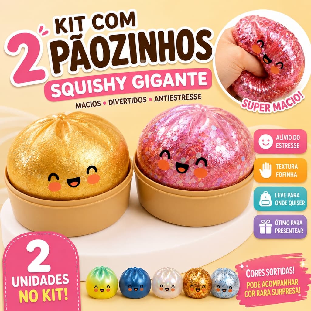 Kit com 2 Taba Squishy  Dumplings Grandes Cor Surpresa Caixinha