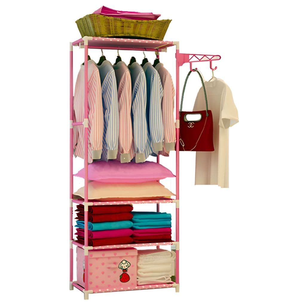 Guarda-Roupa Infantil Cabideiro Arara Organizador 6 Prateleiras Gancho Lateral Rosa 170cm
