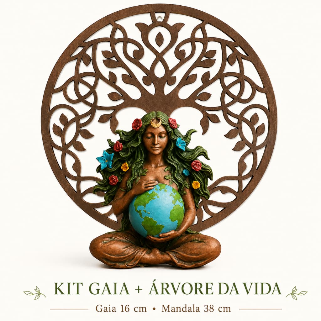 Kit Deusa Gaia Mãe Terra 16cm + Mandala Árvore da Vida 38cm Wicca Decoração Mística