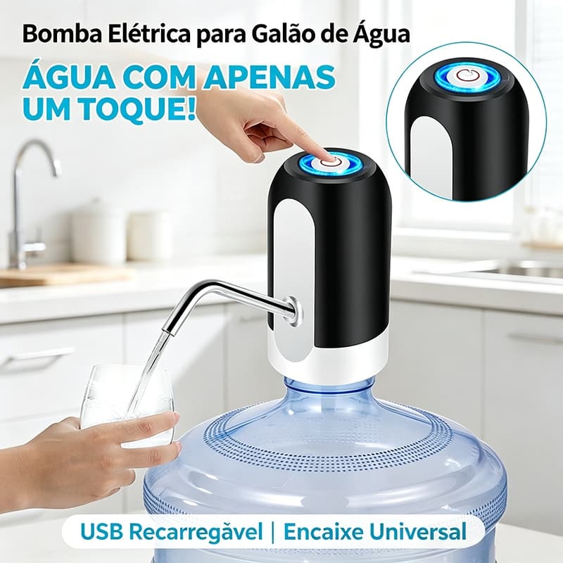 Bomba Elétrica Portátil Recarregável USB para Galão de Água com Encaixe Universal, Bico em Inox e Acionamento por Toque