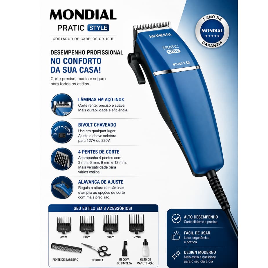 Cortador de Cabelos Pratic Style Mondial Azul Bivolt - CR-10-BI