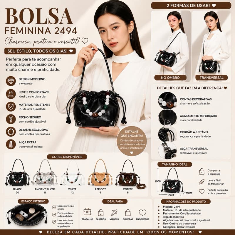 Bolsa Feminina de Ombro e Transversal com Contas Decorativas, Cordão Ajustável e Alça Removível 2494