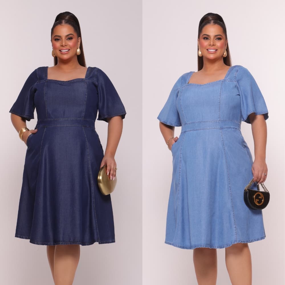 Vestido Jeans Manguinha com bolsos e zíper nas costas