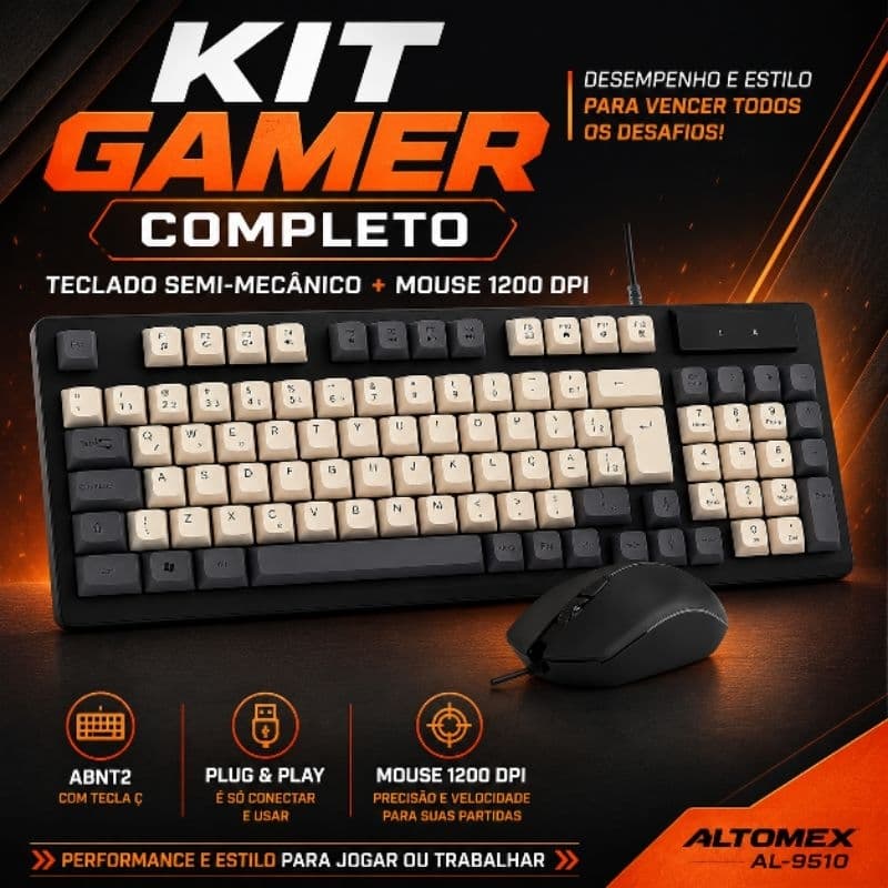 Kit Teclado e Mouse Gamer Semi Mecânico ABNT2 USB 1200 DPI Altomex AL-9510