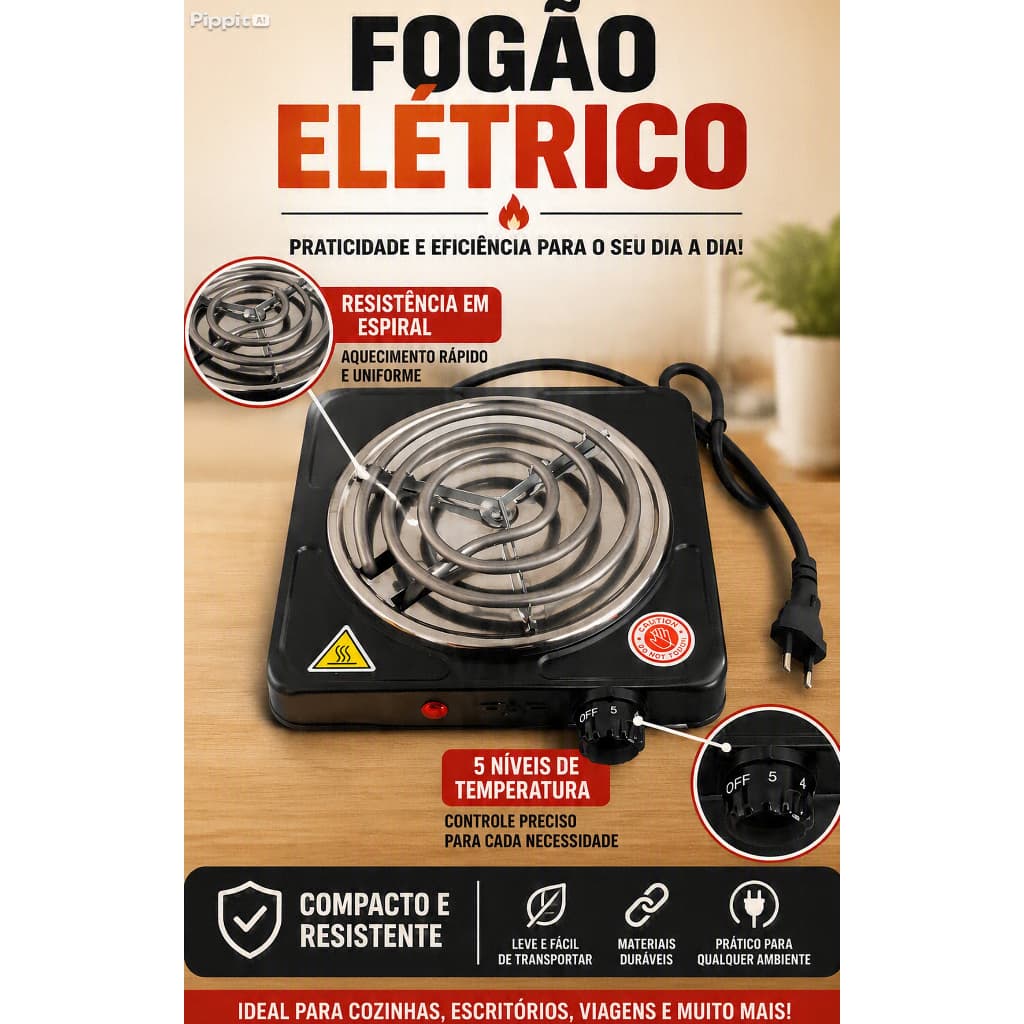 Fogão Elétrico Portátil 1 Boca 1000W Resistência Espiral Cooktop De Mesa Para Viagem Camping Escritório 220v
