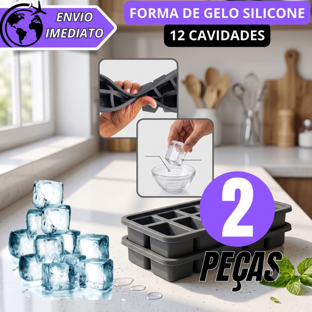 Kit 2 Forma De Gelo Silicone Flexível Com 12 Cavidade Multiuso Drinks Cores Sortidas - Clink