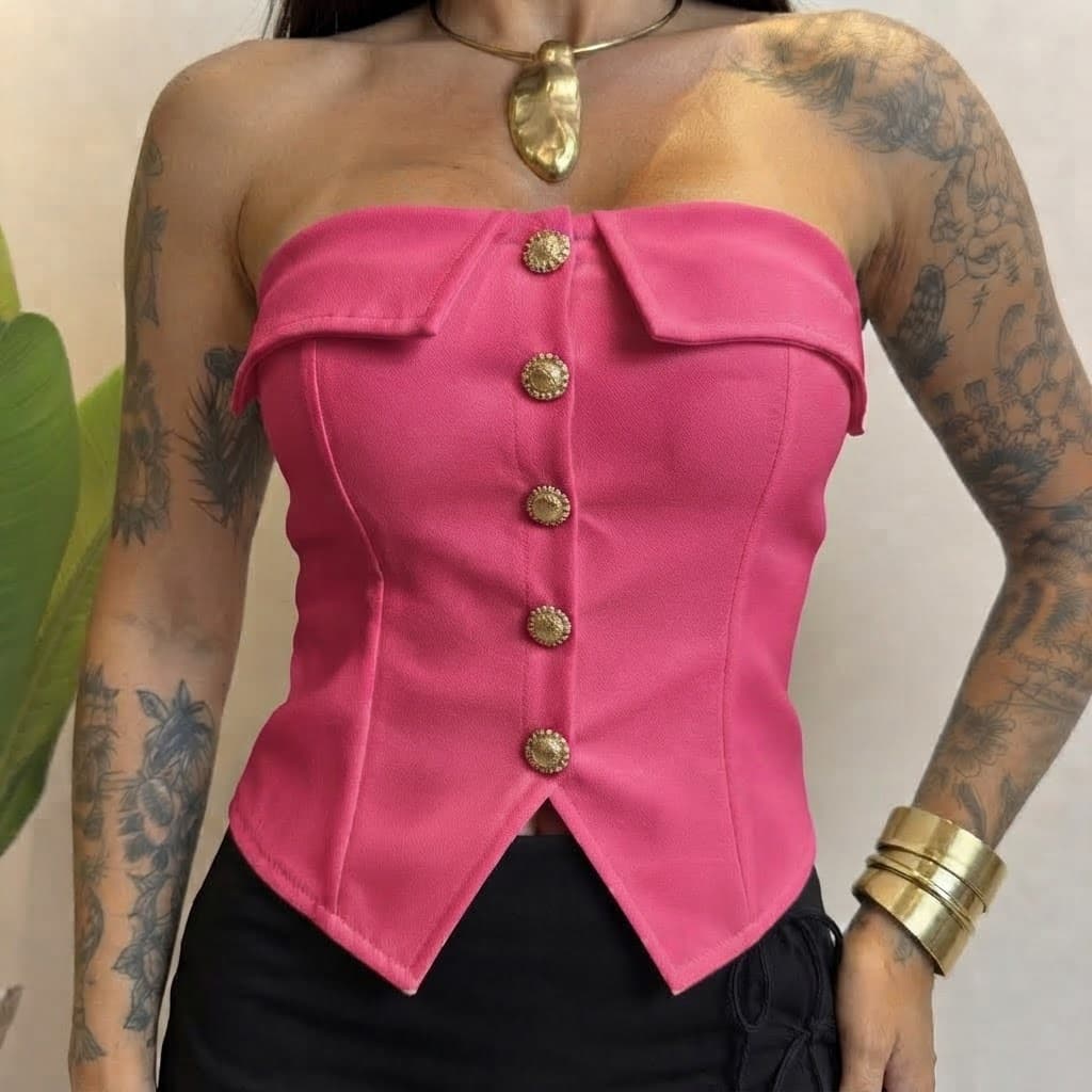 Blusa Cropped Tomara Que Caia Feminina Corpete Neoprene Botão Dourado Top Cropped Balada Verão