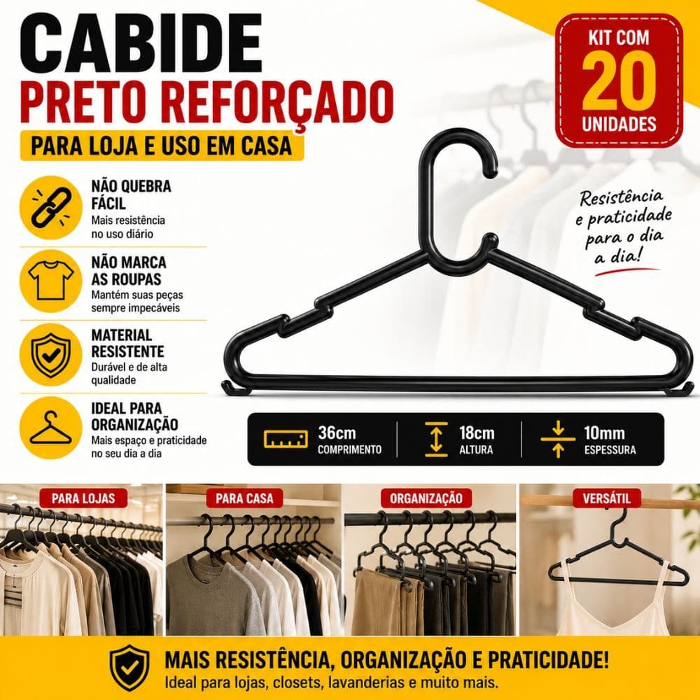 Kit 20 Cabides Pretos Reforçados Adulto Para Loja Closet Guarda-Roupa Arara Organização