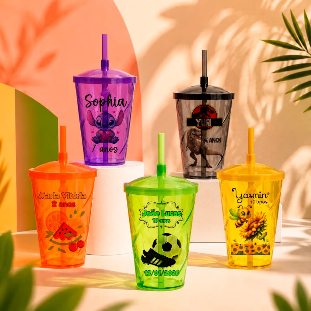 20 Copo Twister C- Tampa e Canudo Personalizado Com Sua Logo Marca 350ML