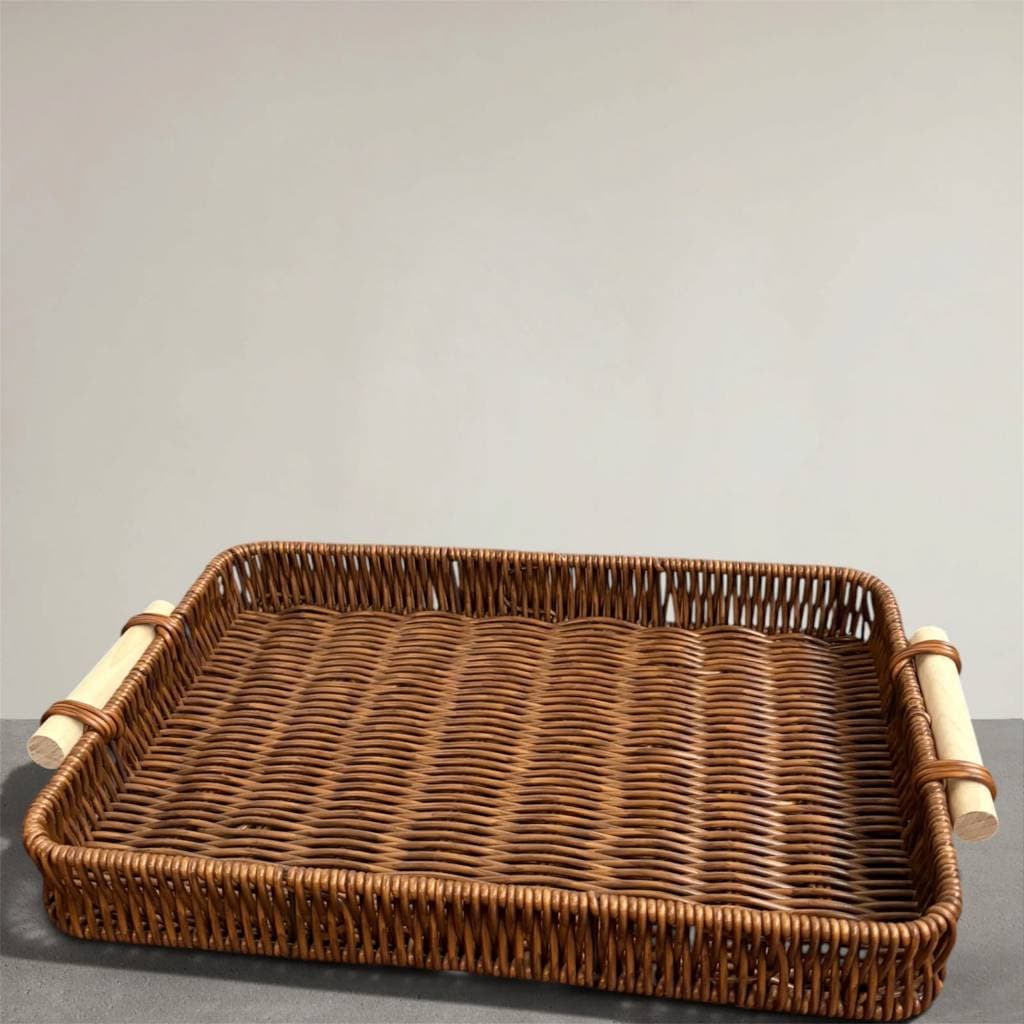 Bandeja Servir Café da Manha Ou Decorativa Retangular Vime Com Alças Grande 37cm