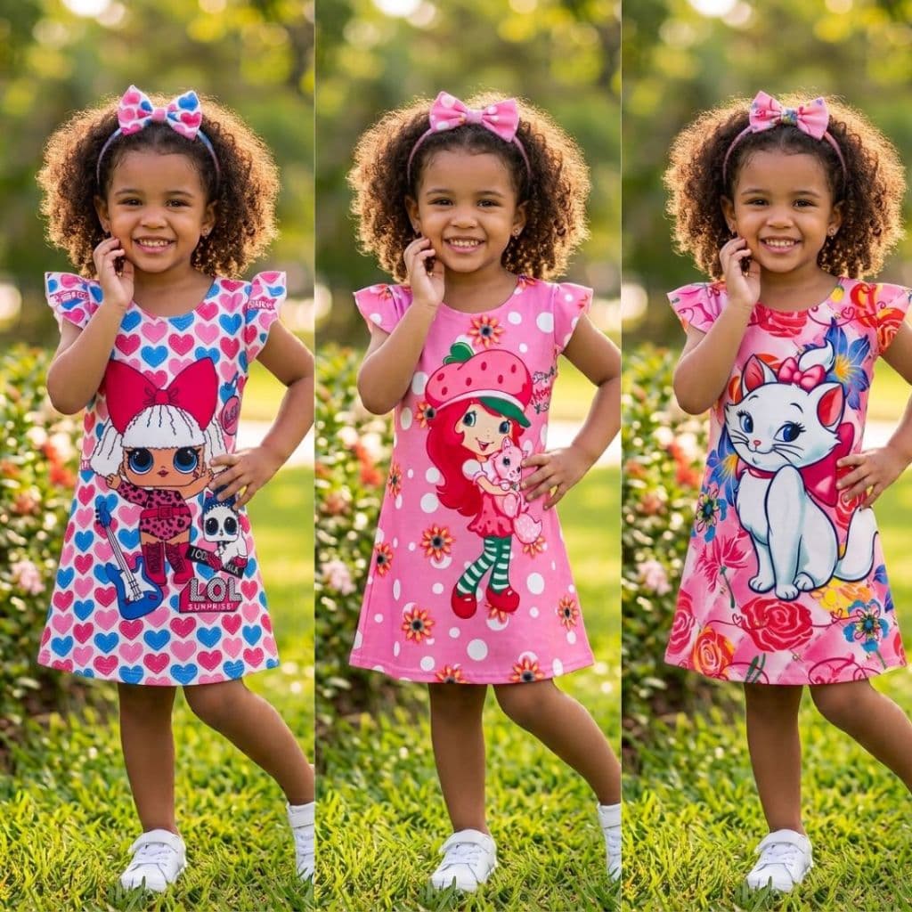 Kit 3 Peças de Vestido Infantil Menina Verão Feminino look casual Infantil feminina criança moda infantil