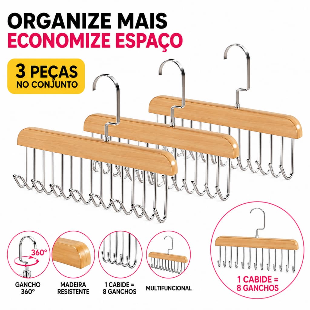 Kit com 3 Unidades Cabide Organizador de Madeira com 8 Ganchos Multiuso para Roupas, Cintos, Gravatas e Sutiãs