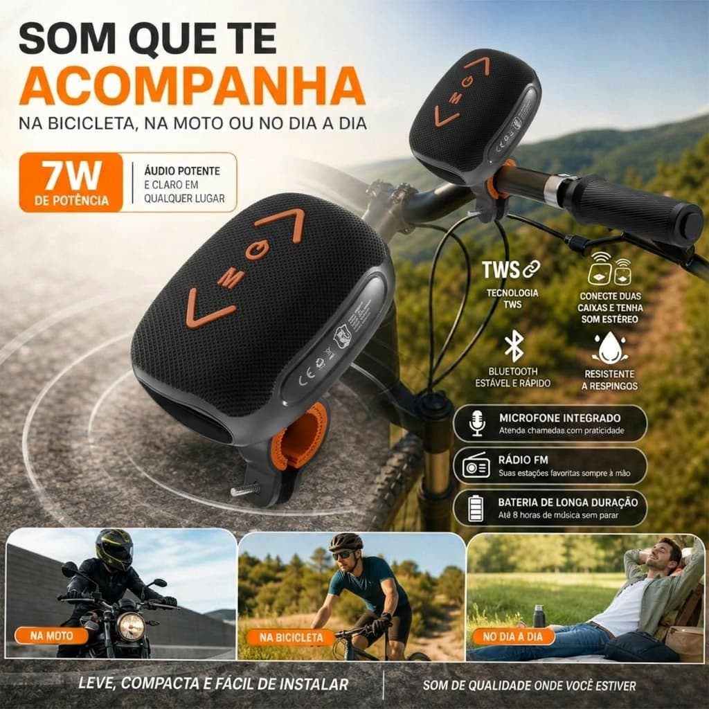 Caixa De Som 7W Bluetooth Bike e Moto Portátil TWS À Prova De água Qualidade Superior USB/Cartões SD-HY-392PRO