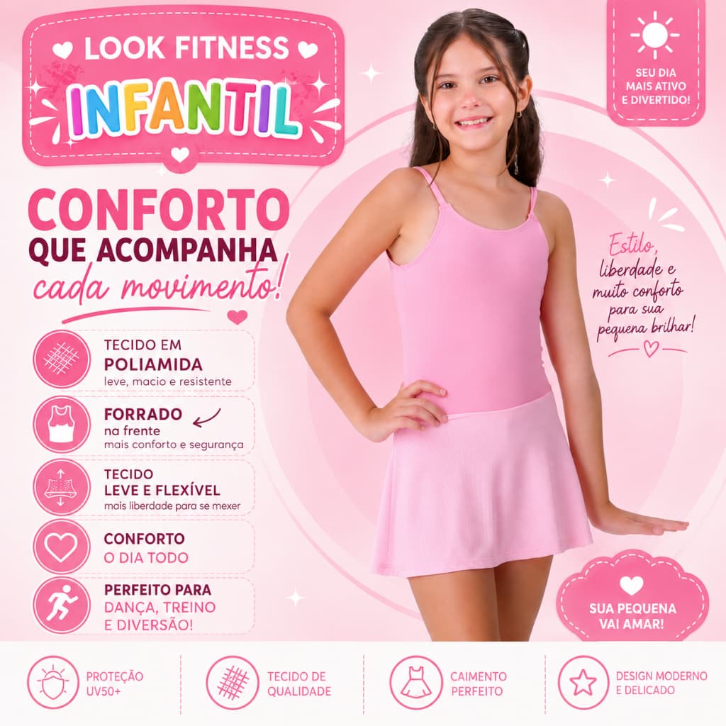 Macaquinho Short Saia Fitness Infantil Poliamia e DryFit Premium 4 a 12 anos, ginástica, vôlei, dança...