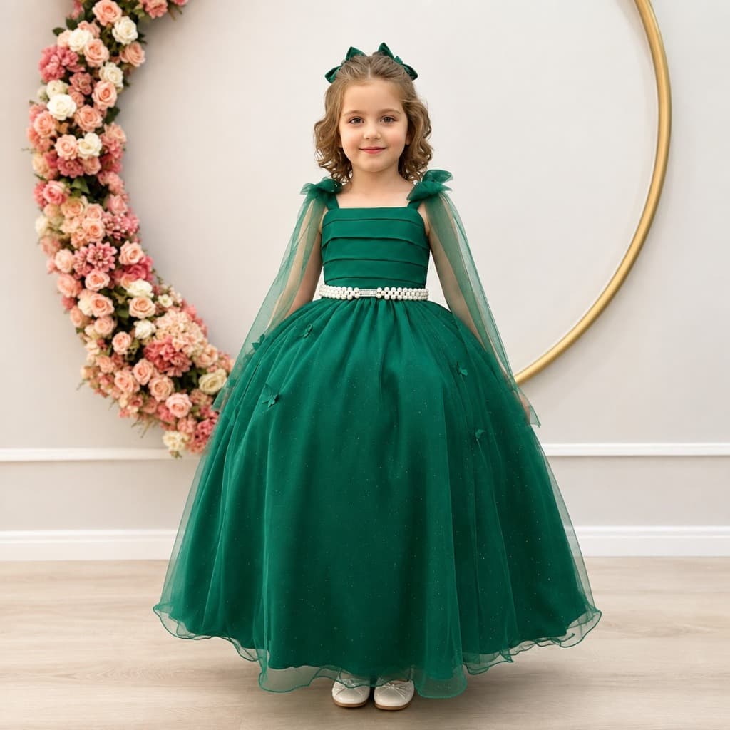 Vestido Infantil Longo Verde Borboletas Festas Luxo Princesa Delicada