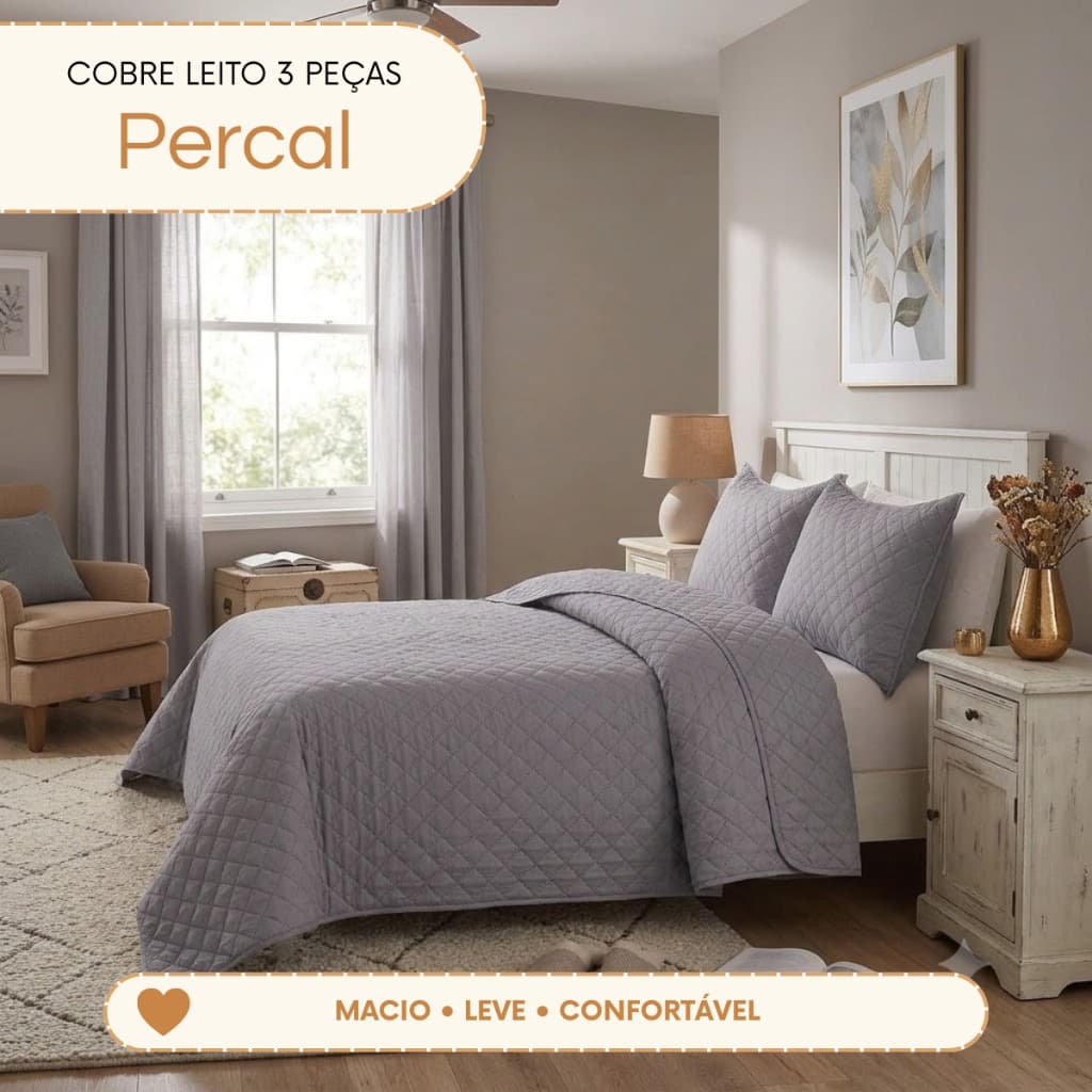 Kit Cobre Leito Casal 3 Peças Colcha 2 Porta Travesseiros Percal 300 Fios Toque de Pluma Ultra Macio