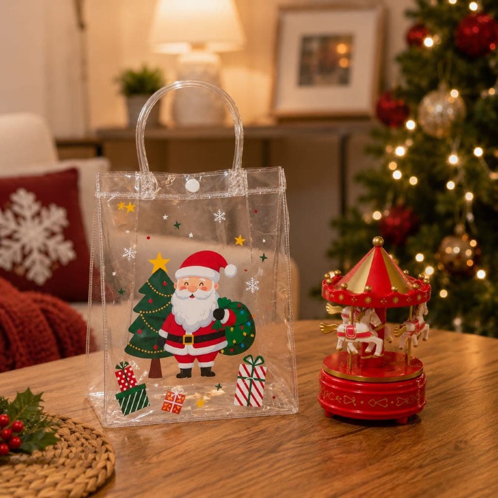 Kit Sacola Bolsa Transparente Com Carrossel Natalino Musical A Corda Presente Natal