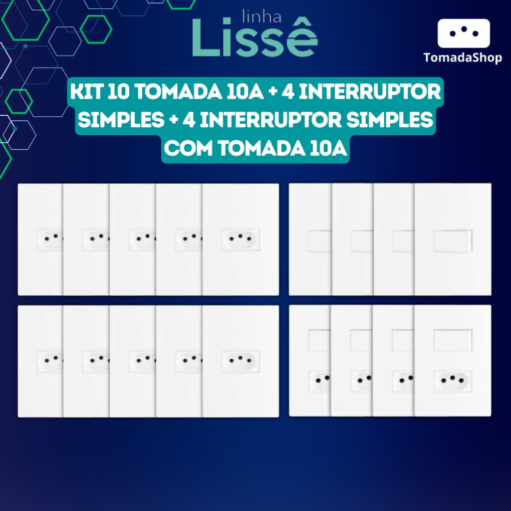Kit 10 Tomada 10A + 4 Interruptores + 4 Interruptor com Tomada 10A - Linha Lissê (Apagador e Tomada)