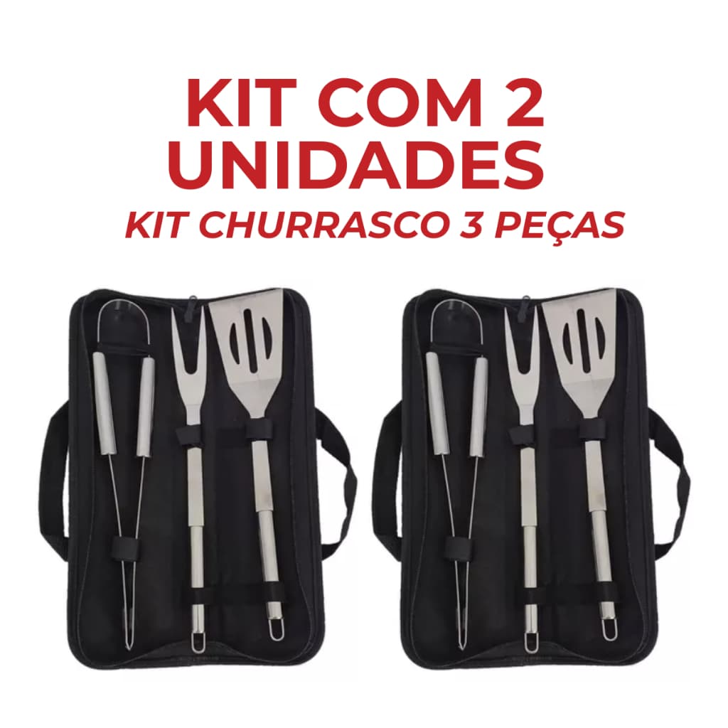 Combo 2 Kits Churrasco 3 Peças Aço Inox Estojo Espátula Garfo Pegador Pronta Entrega