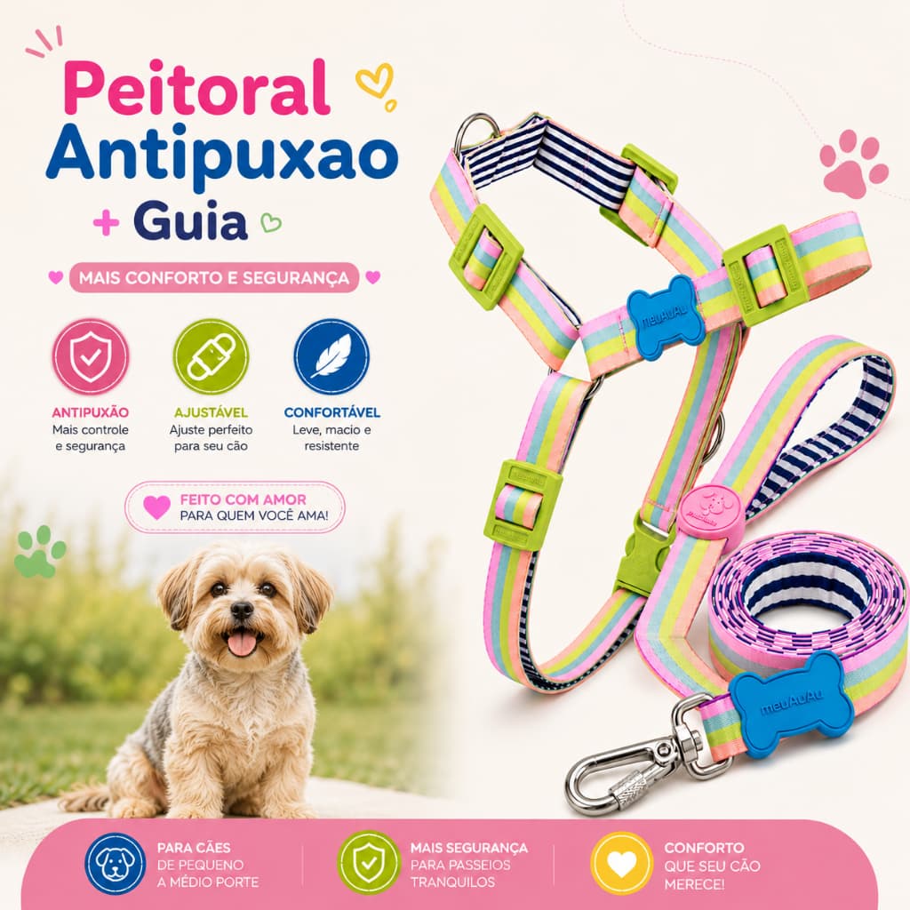 Peitoral + Guia 120cm Antipuxao para Cachorro Bulldog SRD Golden PUG Shitzu Yorkshire BoderCollie