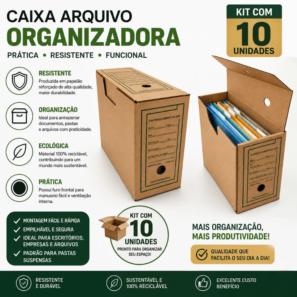 Kit 10 Caixa de Arquivo Morto Papelão 35 x 13 x 24,7cm