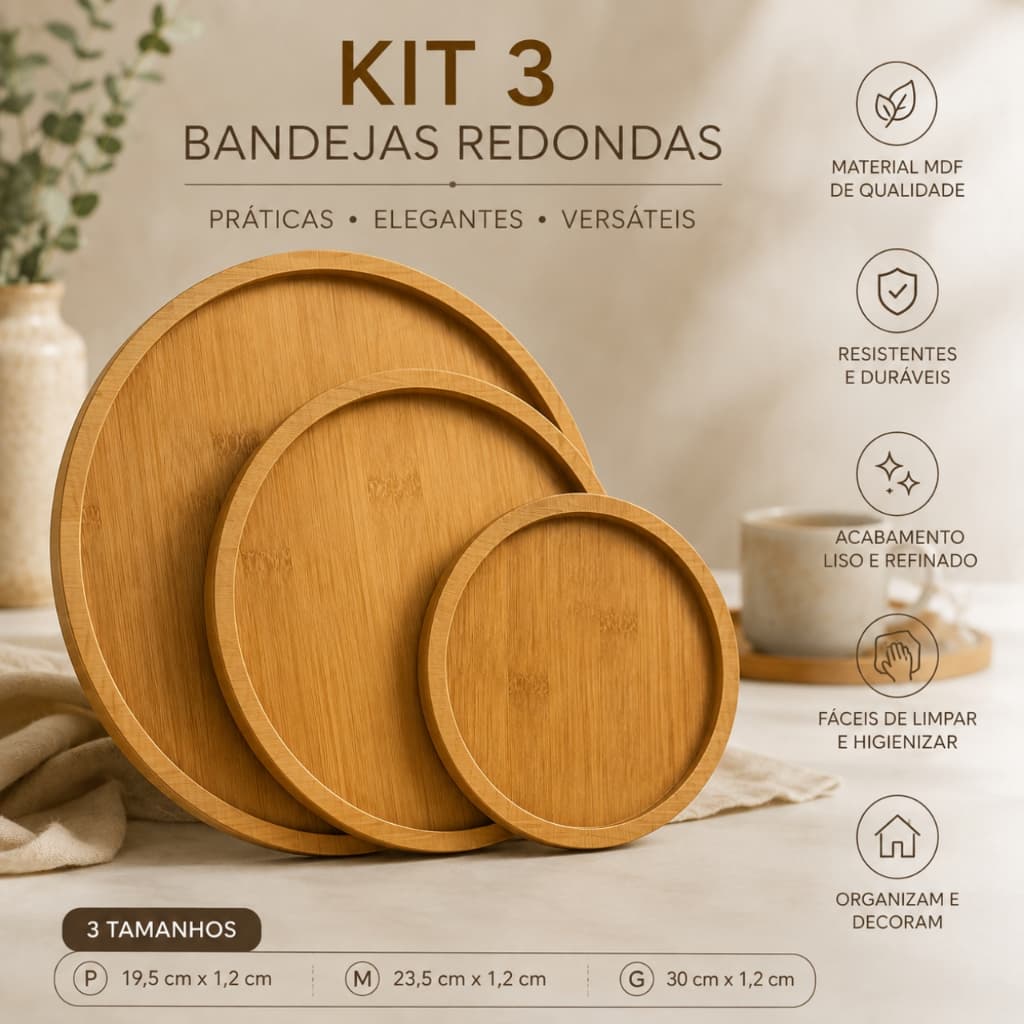 Kit 3 Bandejas Redondas em MDF 19cm 23cm e 30cm | Bandejas Decorativas para Café, Chá, Doces, Petiscos e Mesa Posta