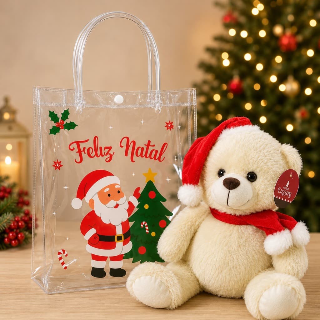 Kit Sacola Transparente Presente De Natal + Urso De Natalino