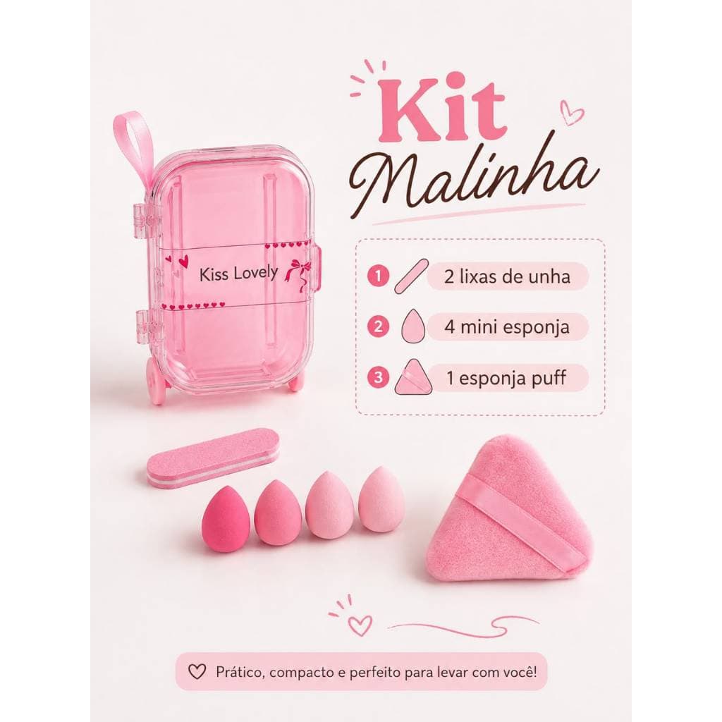 Kit Mini Mala 2 Lixas e 5 Mini Esponjas de Maquiagem Para Base E Pó Em Uma Embalagem
