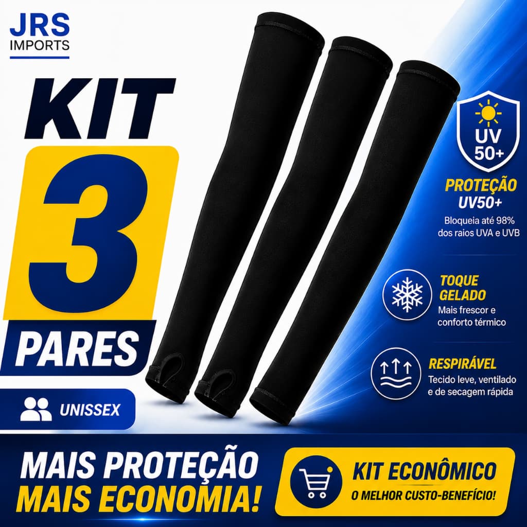 Kit 3 Pares Manguito UV50+ Proteção Solar Unissex Toque Gelado Respirável Corrida Moto Bike Pesca Trilha Proteção Total
