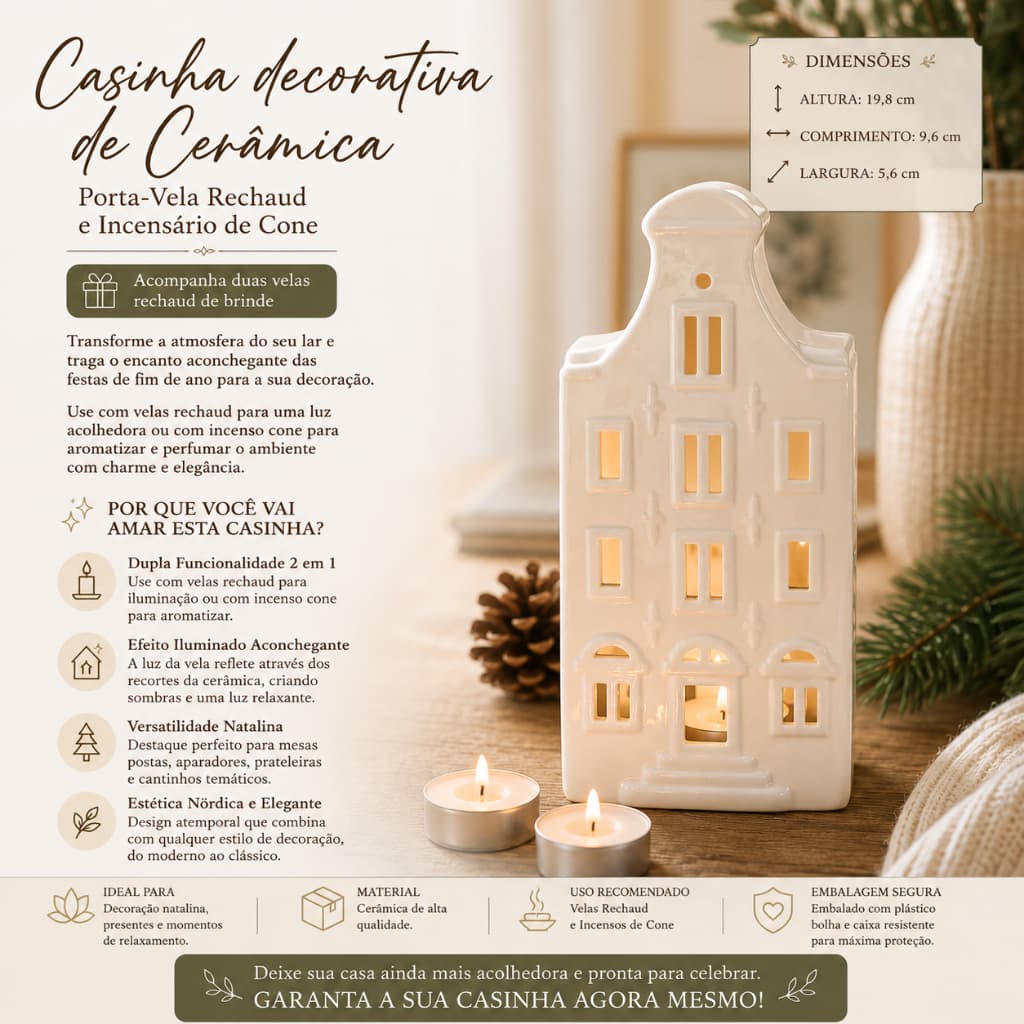 Casinha de Cerâmica Porta Vela Rechaud e Incensário Cone Enfeite Decorativo de Natal Decoração Sala Jantar Quarto