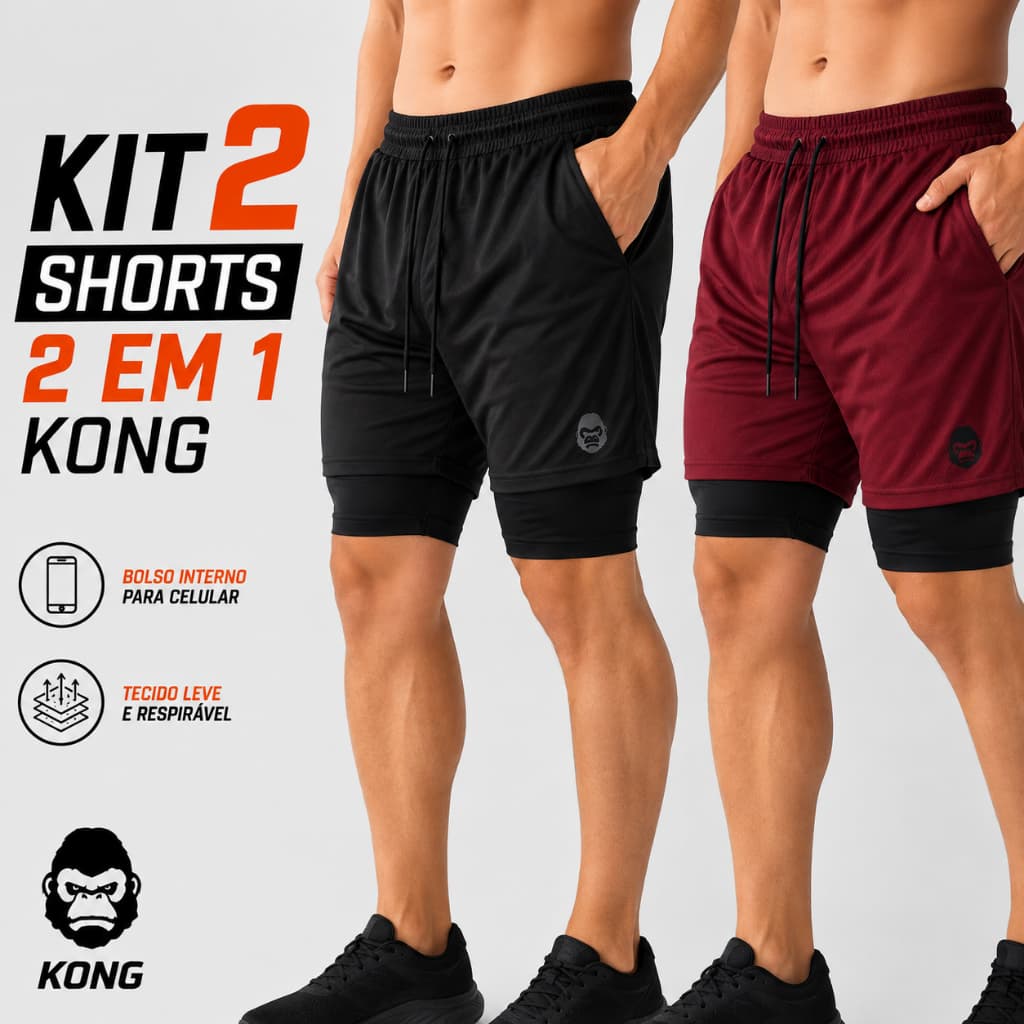 Kit 2 Shorts Esportivos 2 em 1 Fitness Para Academia