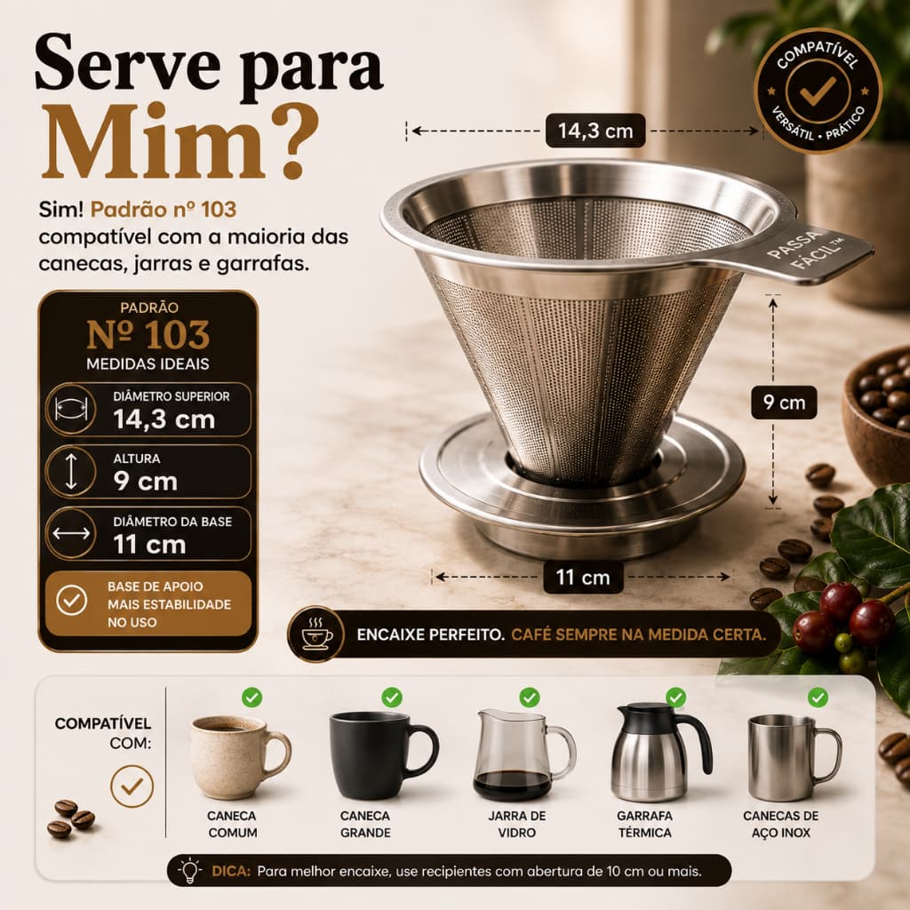 Coador de Café Inox Reutilizável Nº103, Filtro Aço Inoxidável com Malha Dupla Camada, Sem Papel, Econômico e Durável