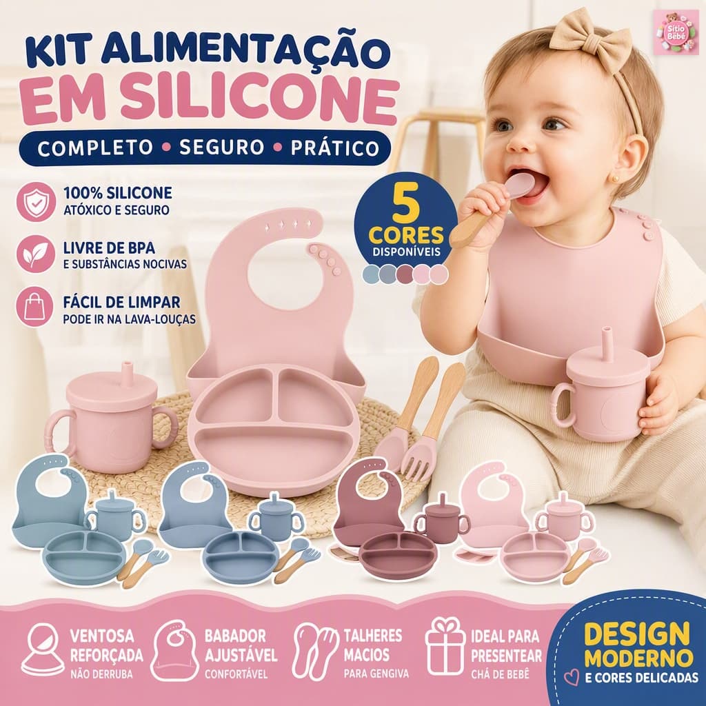 Talheres Bebê Silicone 4/6 Peças Talheres Infantil Com Ventosa Canudo Colher Babador Garfo
