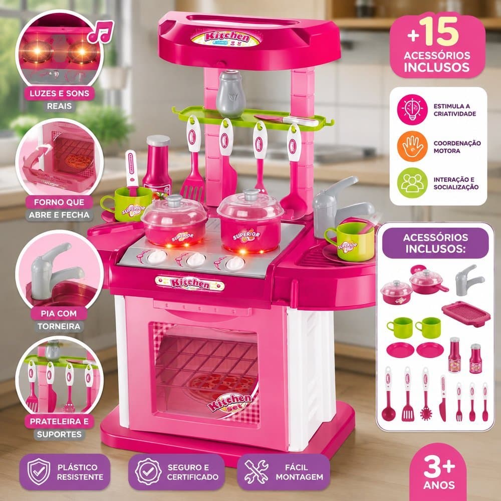 Cozinha infantil brinquedo completa fogão luz kit grande moderna