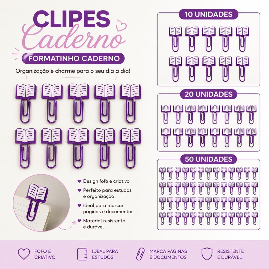Clipes Marca Página Formato de Caderno Livro – 10, 20 ou 50 Unidades – Impressão 3D