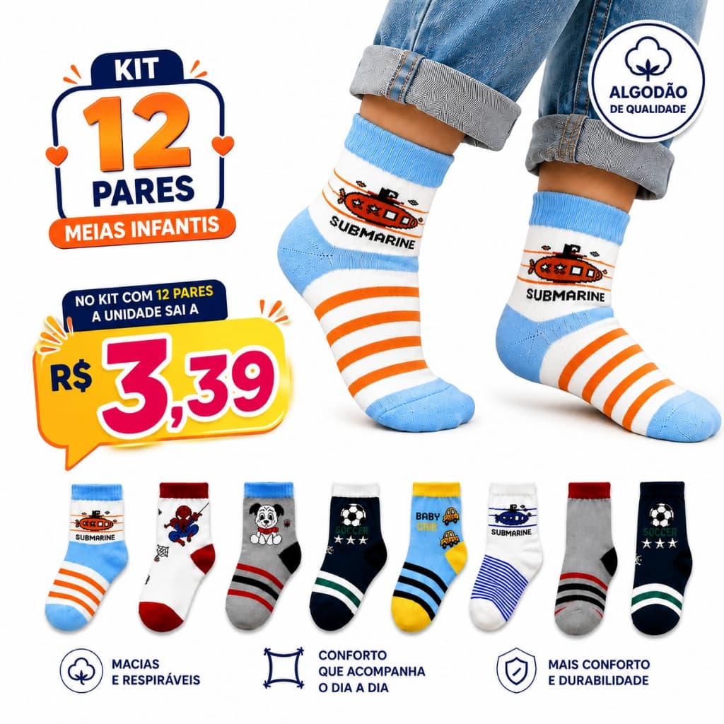 Kit com 12 Meias para Menino Toque Macio Alta Qualidade e Custo Benefício