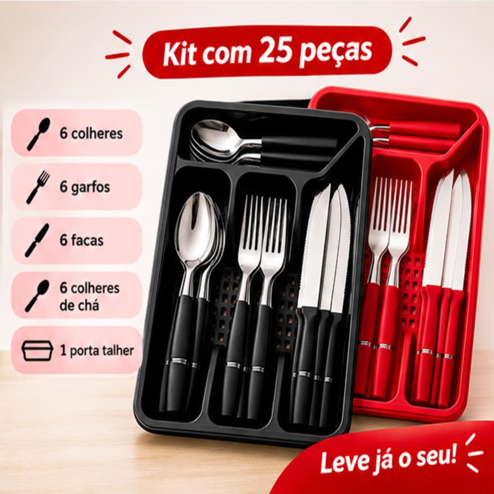 PROMOÇÃO 2 Jogos De Talheres 25 Peças Aço Inox Com Organizador Porta Talheres Cozinha Completo
