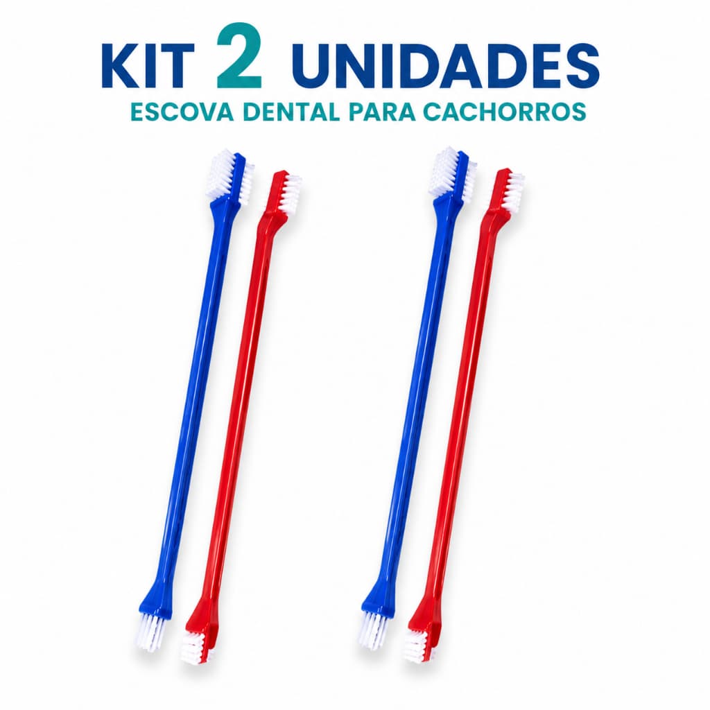 KIT 2 SET - Escova de Dentes para Cachorro e Gato Dupla Face Cabo Longo Higiene Bucal Pet 4 Peças