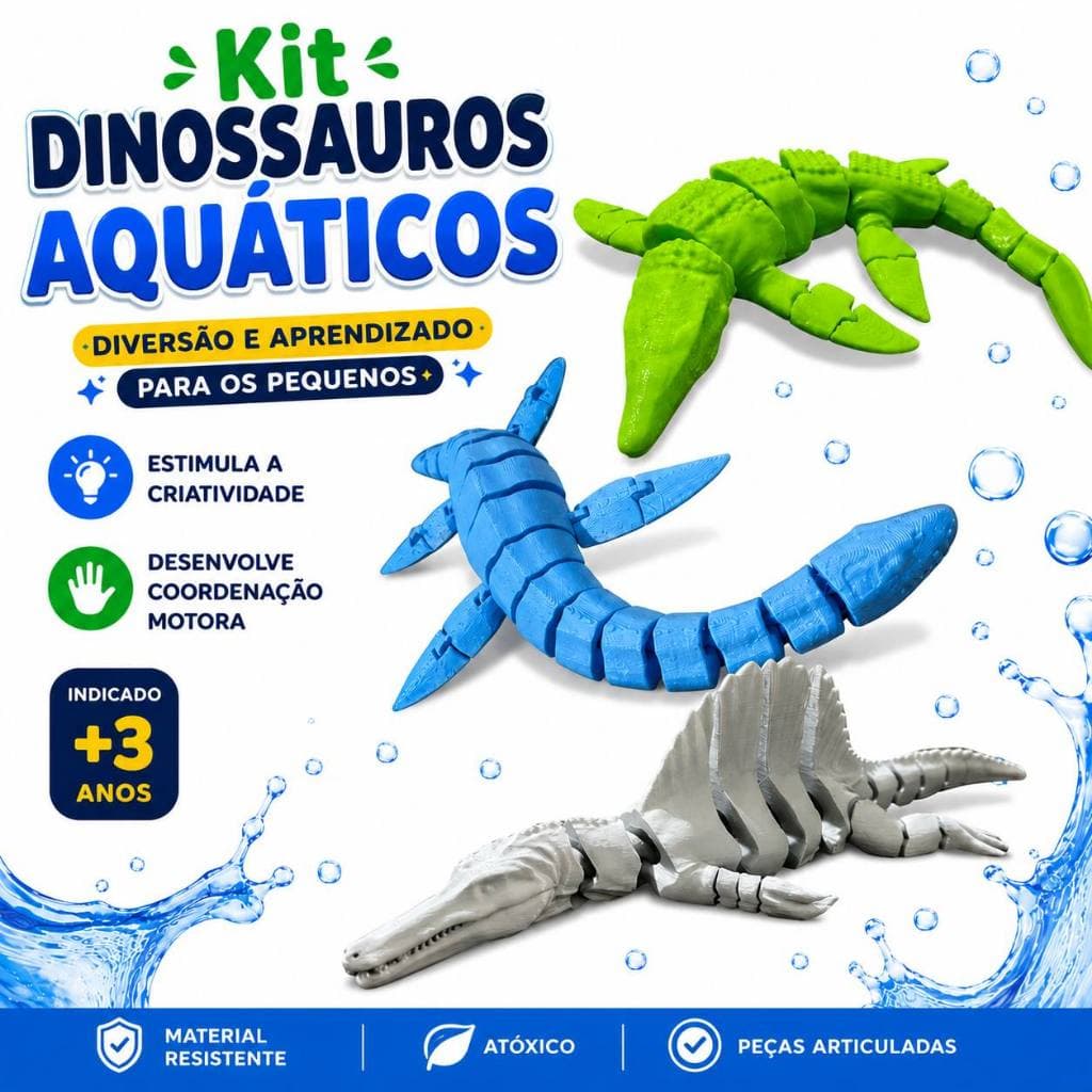 Kit Dinossauros Aquáticos Brinquedos Articulados Mosassauro Plesiossauro Espinossauro Sesorial