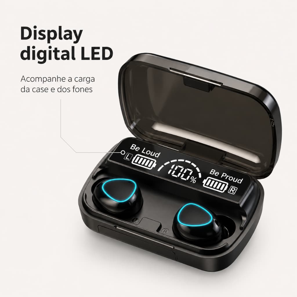 Fone Bluetooth M10 TWS 5.1 Sem Fio Display Digital Power Bank Touch com Microfone IPX7