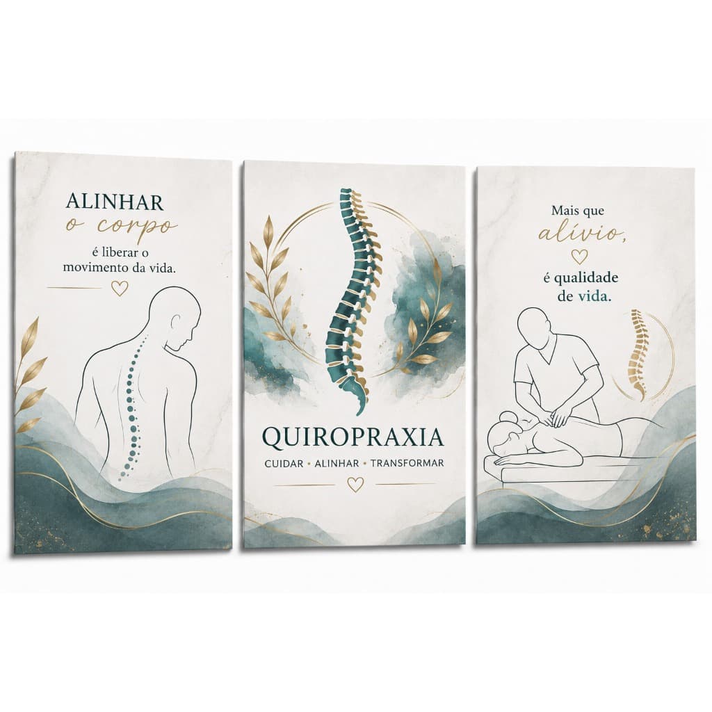 Kit 3 Quadros Decorativos Quiropraxia Quiropraxista Coluna Vertebral Clínica Consultório