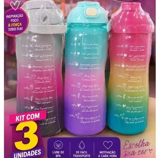 KIT 03 GARRAFA ÁGUA SQUEEZE MOTIVACIONAL C/ ADESIVOS 2L / 900ML