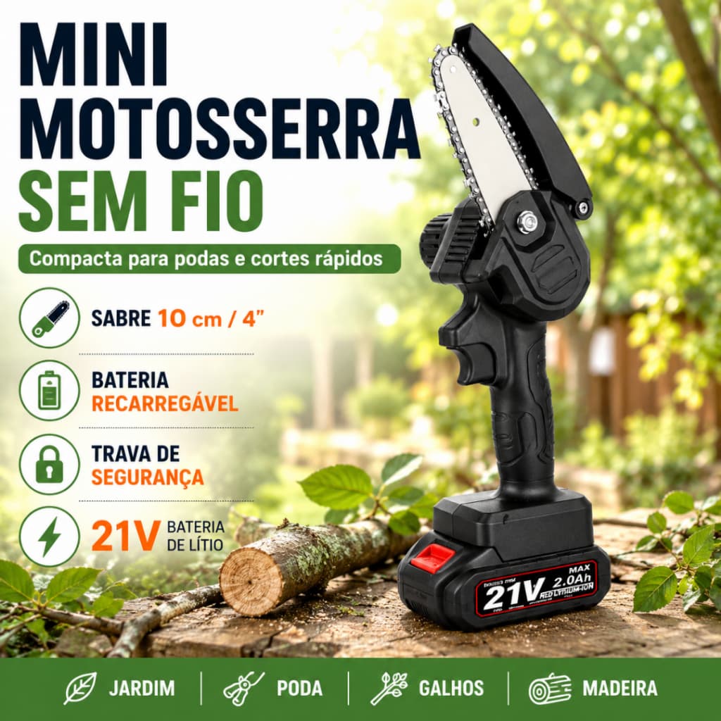 Mini Motosserra Elétrica Sem Fio 4 Polegadas 10cm com Bateria Recarregável para Poda de Galhos e Madeira