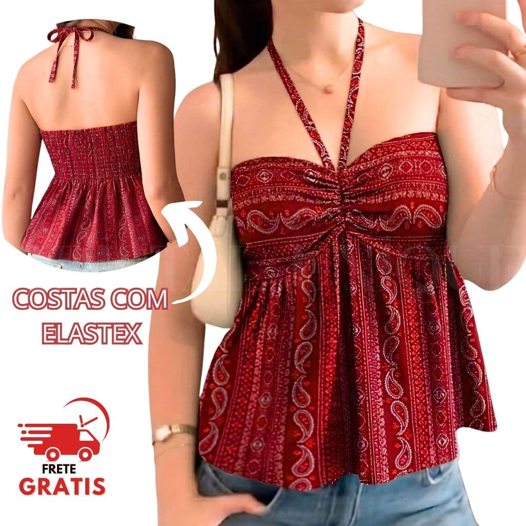 Blusa Bata Blusinha Cropped Elástico com Babado Soltinha Moda Gringa Tendência Verão Boho Chic
